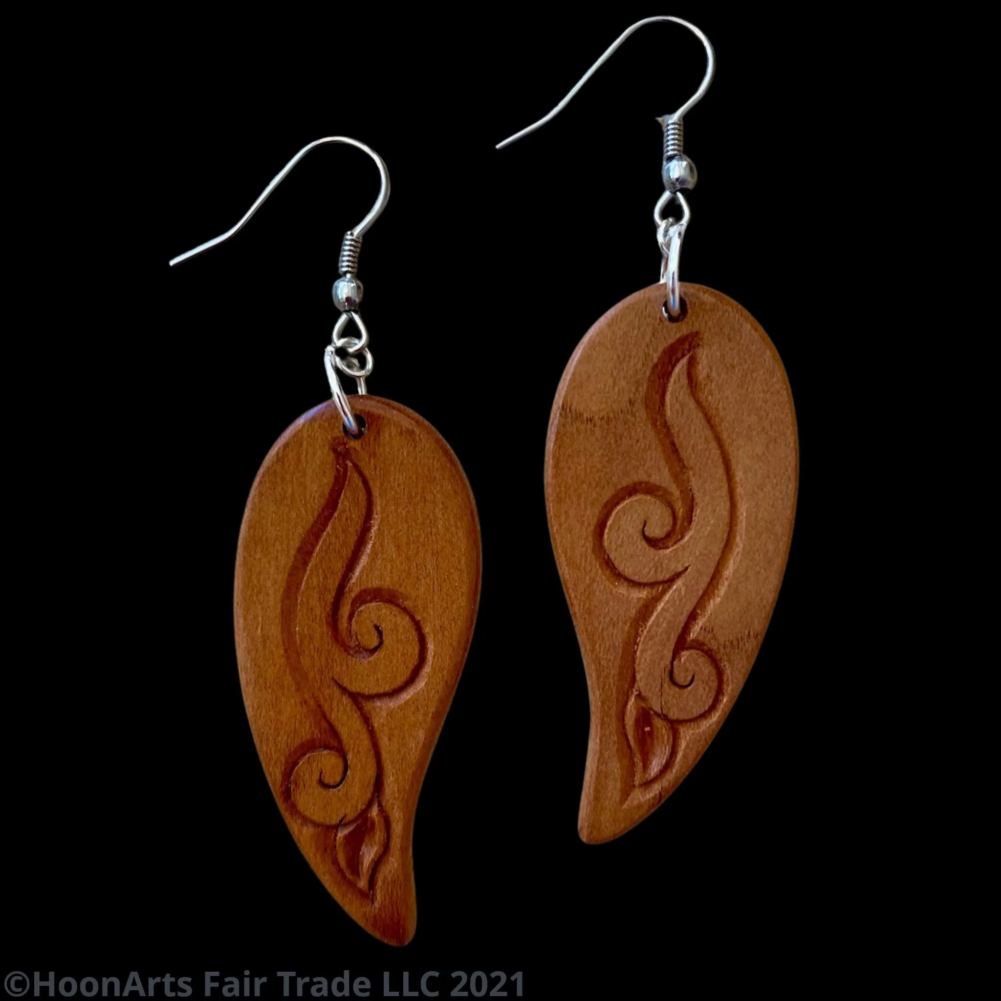 Hand Carved Earrings -Leaf with Swirl