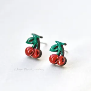 Hand Painted Cherry Wood Stud Earrings - PEO14036