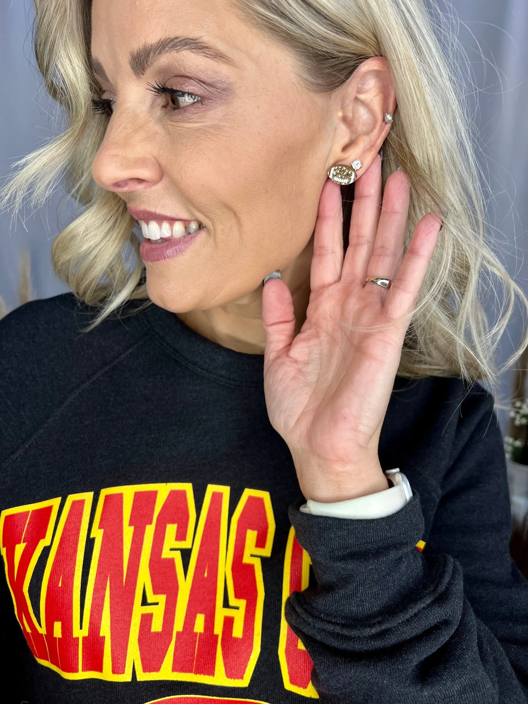 Hand Painted Football Stud Glitter Earrings, Red & Gold