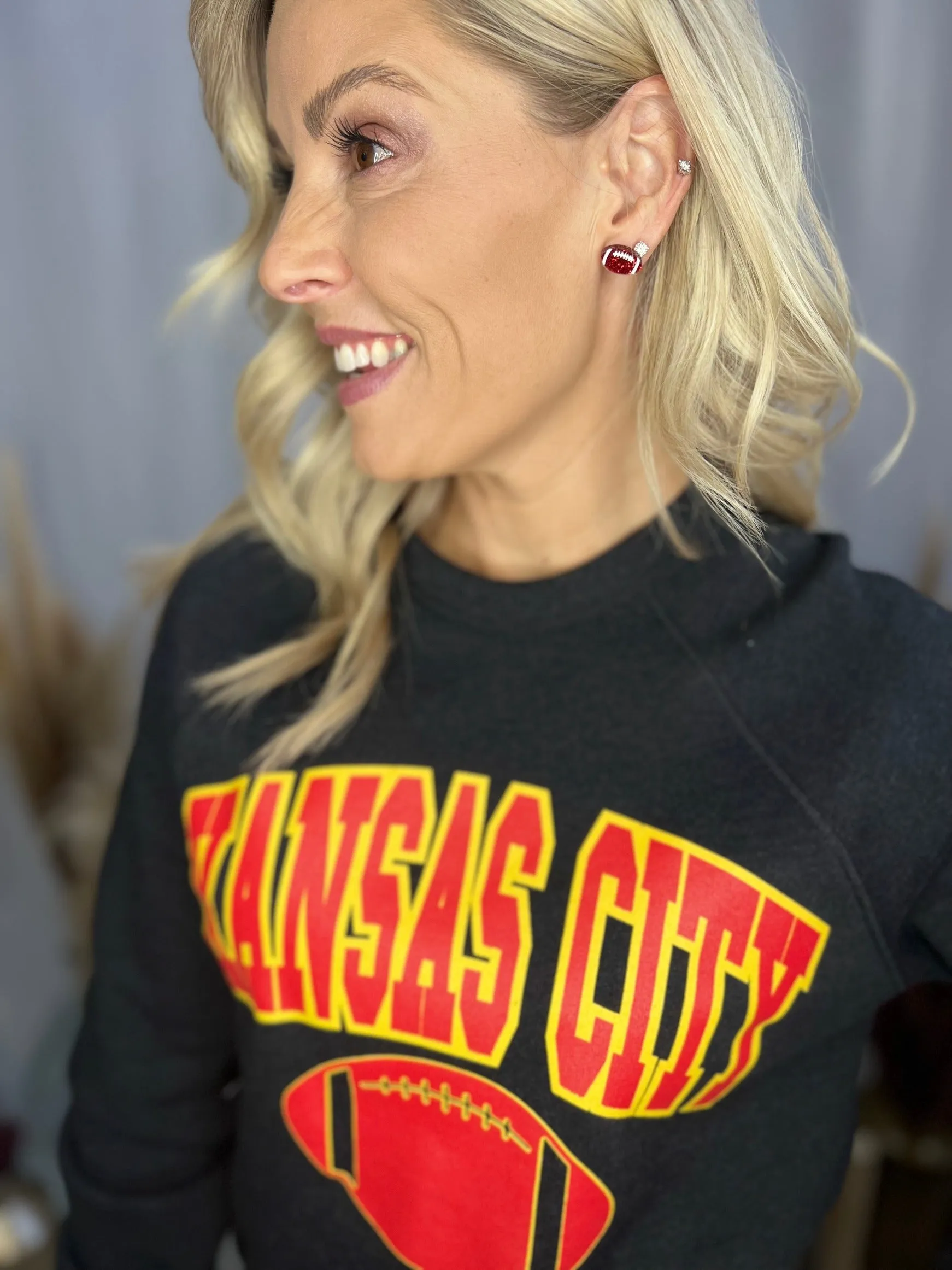 Hand Painted Football Stud Glitter Earrings, Red & Gold