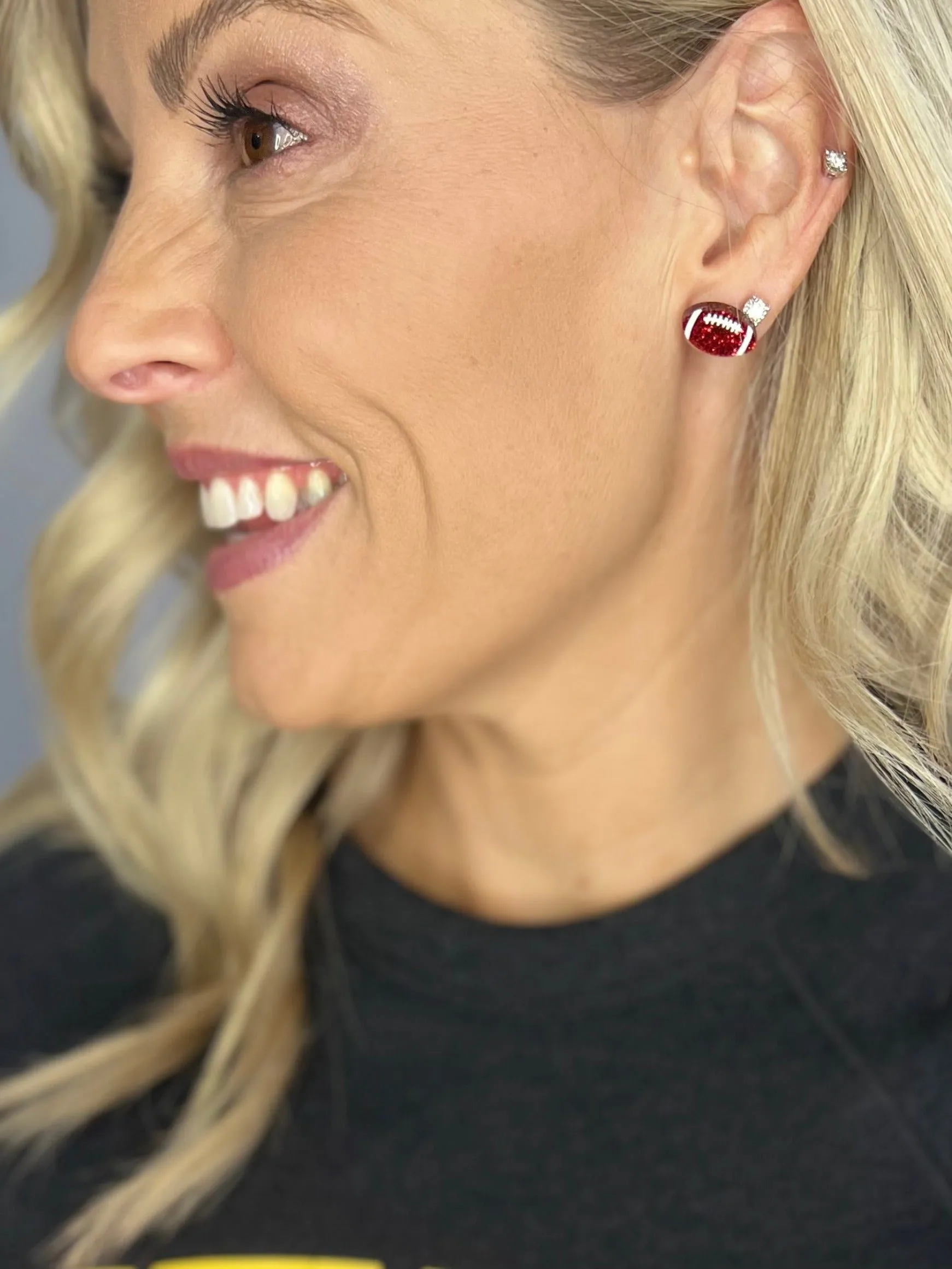 Hand Painted Football Stud Glitter Earrings, Red & Gold