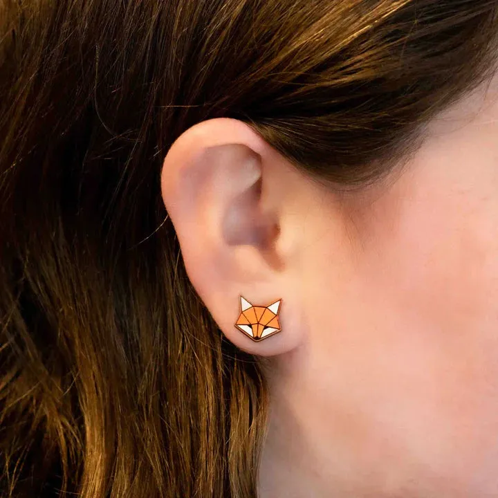 Hand-painted Wooden Earrings - Origami Fox