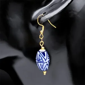 Handmade Blue And White Porcelain Dangle Earring Vintage Ceramic Stainless Steel Woman