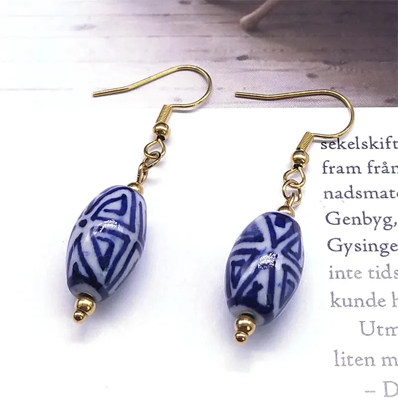 Handmade Blue And White Porcelain Dangle Earring Vintage Ceramic Stainless Steel Woman