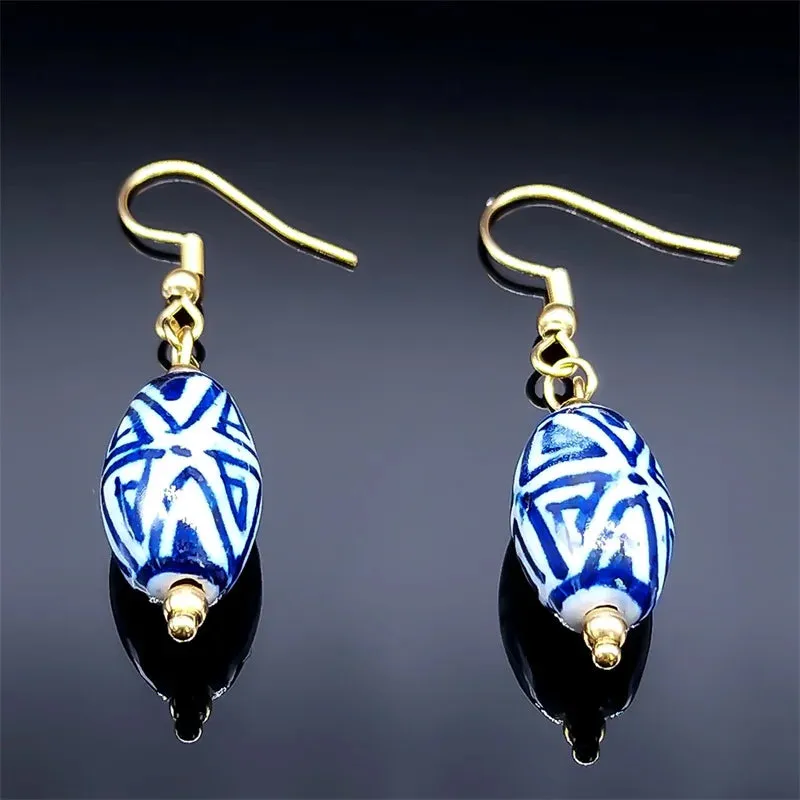 Handmade Blue And White Porcelain Dangle Earring Vintage Ceramic Stainless Steel Woman