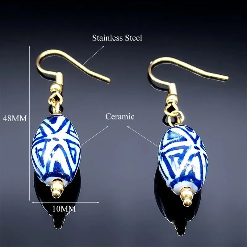 Handmade Blue And White Porcelain Dangle Earring Vintage Ceramic Stainless Steel Woman