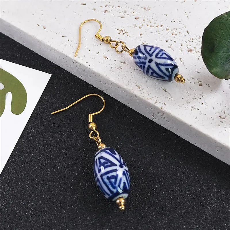 Handmade Blue And White Porcelain Dangle Earring Vintage Ceramic Stainless Steel Woman