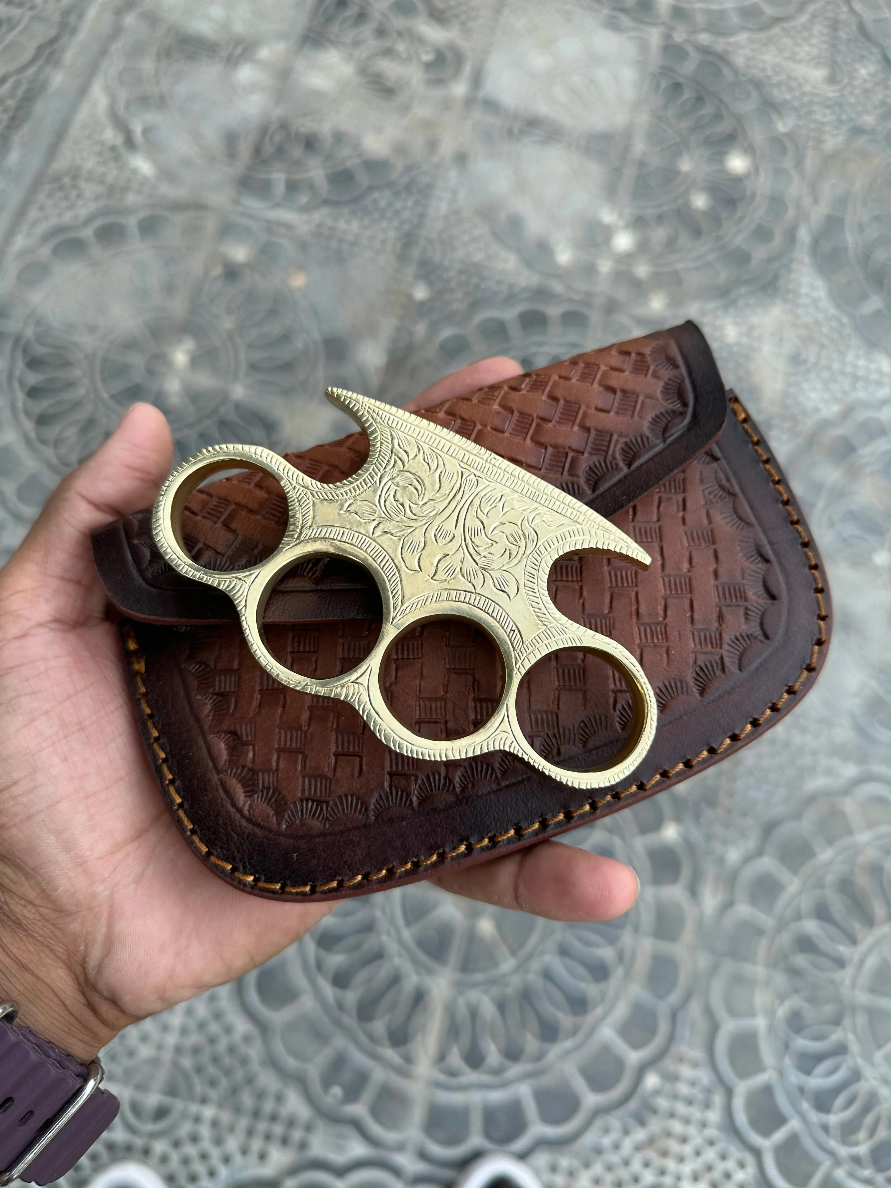 Handmade Engraved Brass Knuckle with Belt Loop Leather Case - Personalized Solid Brass Duster for Self-Defense and Everyday Carry