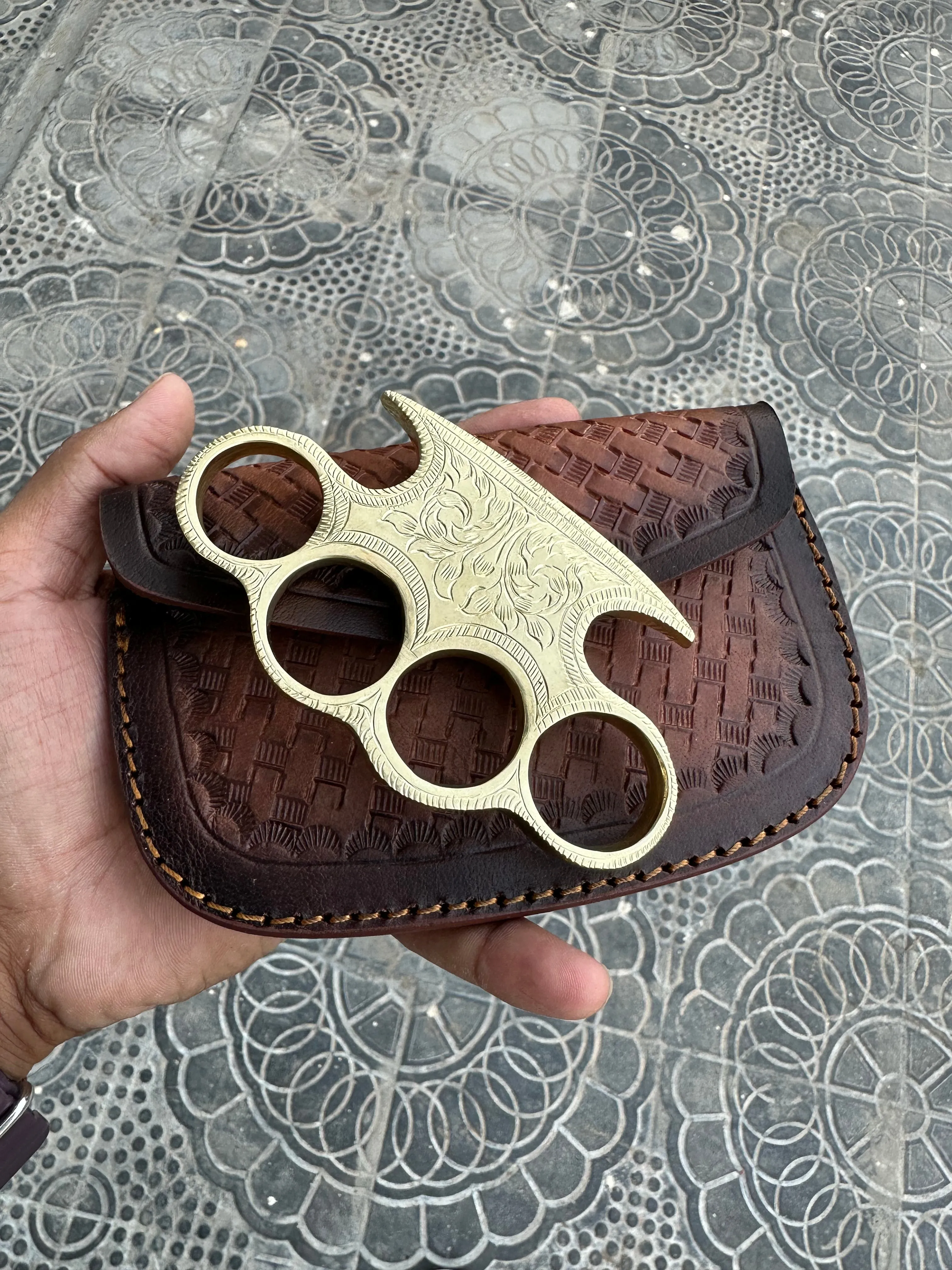Handmade Engraved Brass Knuckle with Belt Loop Leather Case - Personalized Solid Brass Duster for Self-Defense and Everyday Carry