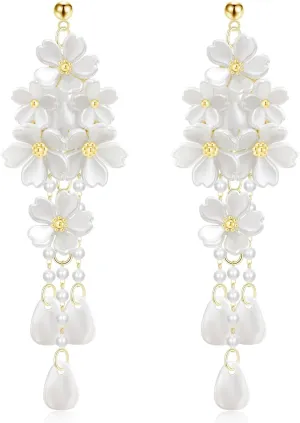 Handmade Long Petal Tassel Acrylic Flower Dangle Drop Earrings Chandelier Pearl Floral Stud Earrings For Women