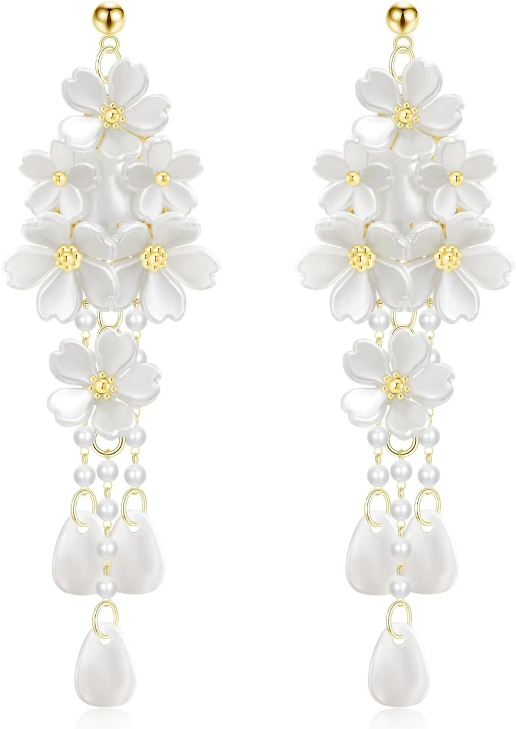 Handmade Long Petal Tassel Acrylic Flower Dangle Drop Earrings Chandelier Pearl Floral Stud Earrings For Women