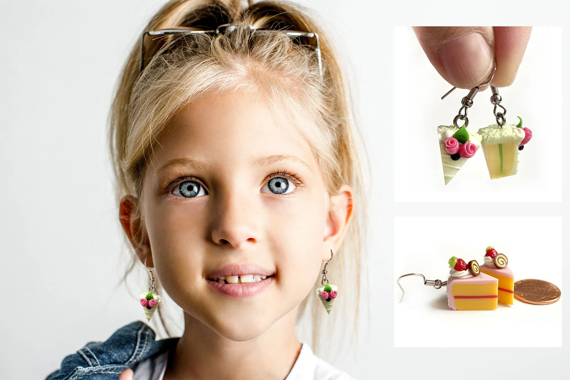 Handmade miniature food model earrings for Girls Teen - Slice Cake Lemon Cake