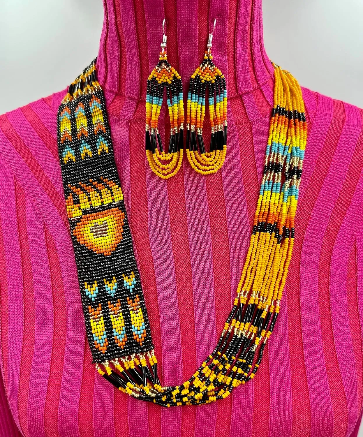 Handmade Necklace Earrings Set Layered Seed Beaded