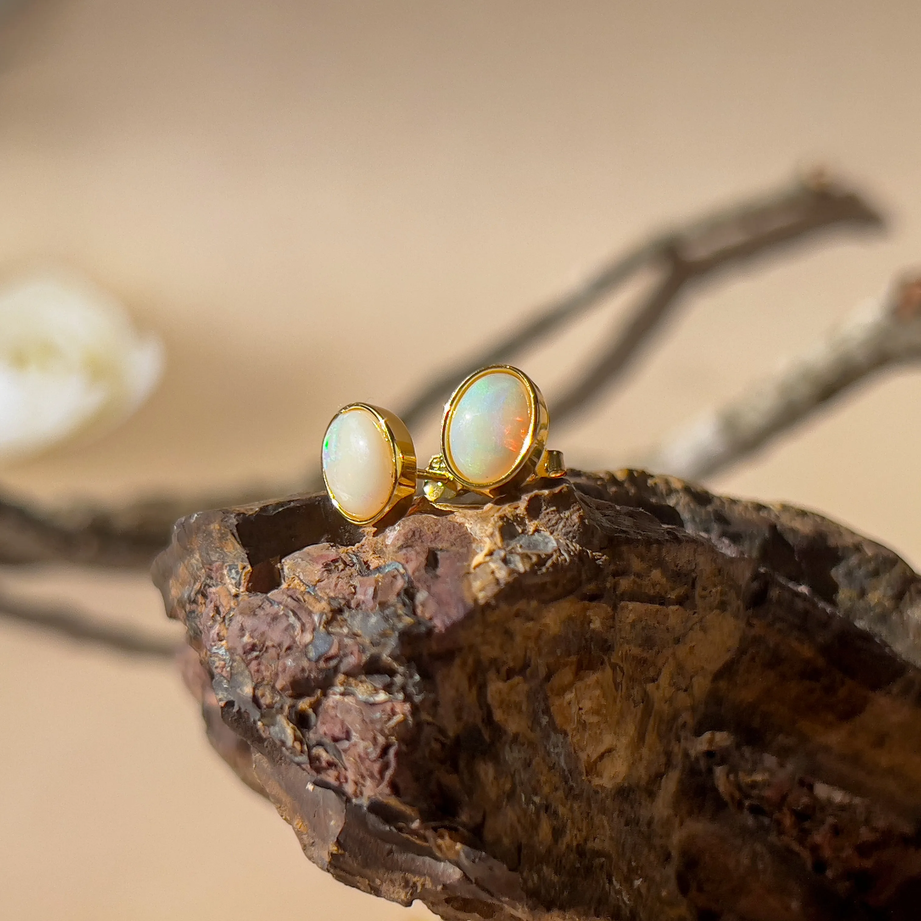 Handmade Opal Stud Earrings - Gold/Silver | Dainty & Minimalist | Cute Gift for Her | Crystal & Fire Opal Jewelry 8x6mm