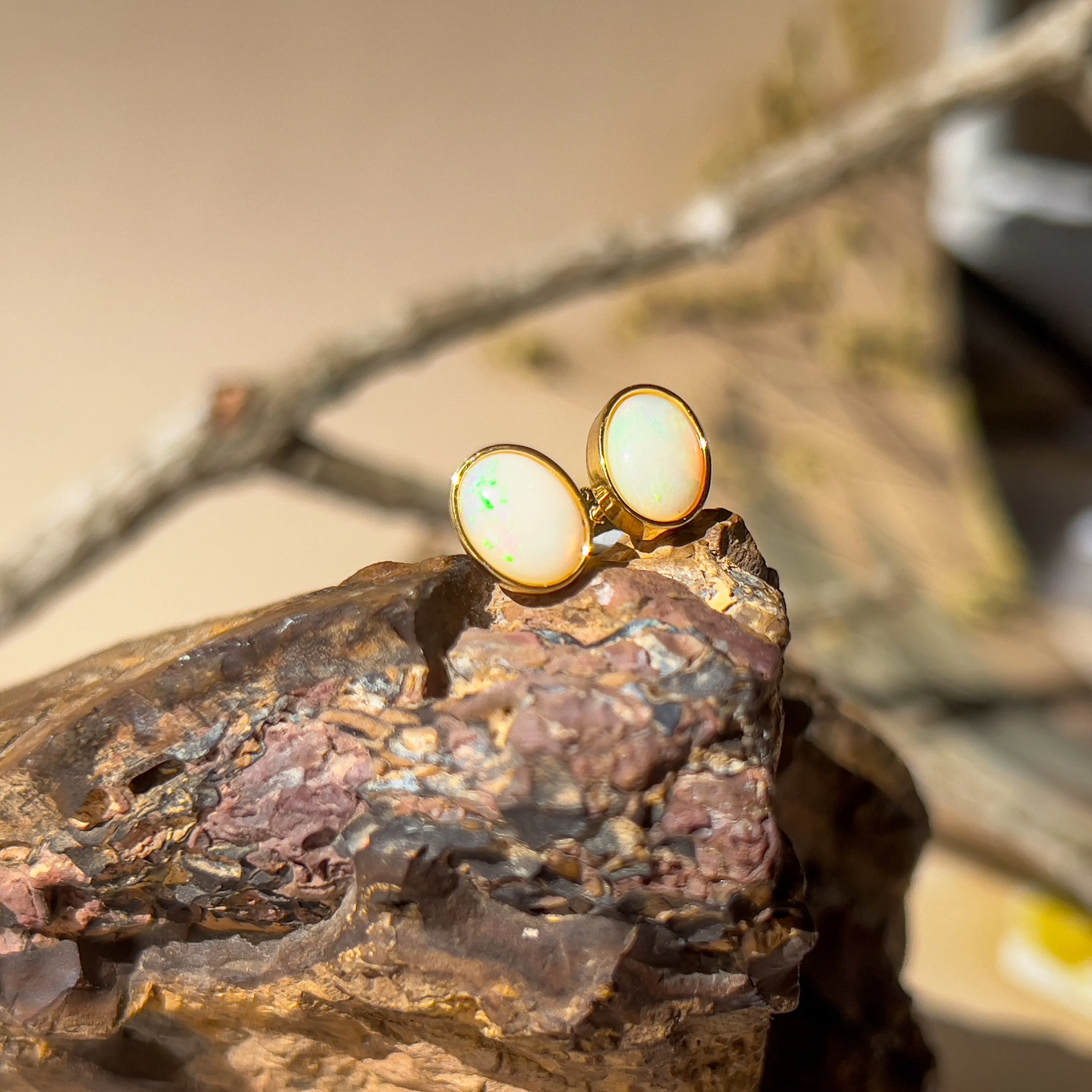 Handmade Opal Stud Earrings - Gold/Silver | Dainty & Minimalist | Cute Gift for Her | Crystal & Fire Opal Jewelry 8x6mm