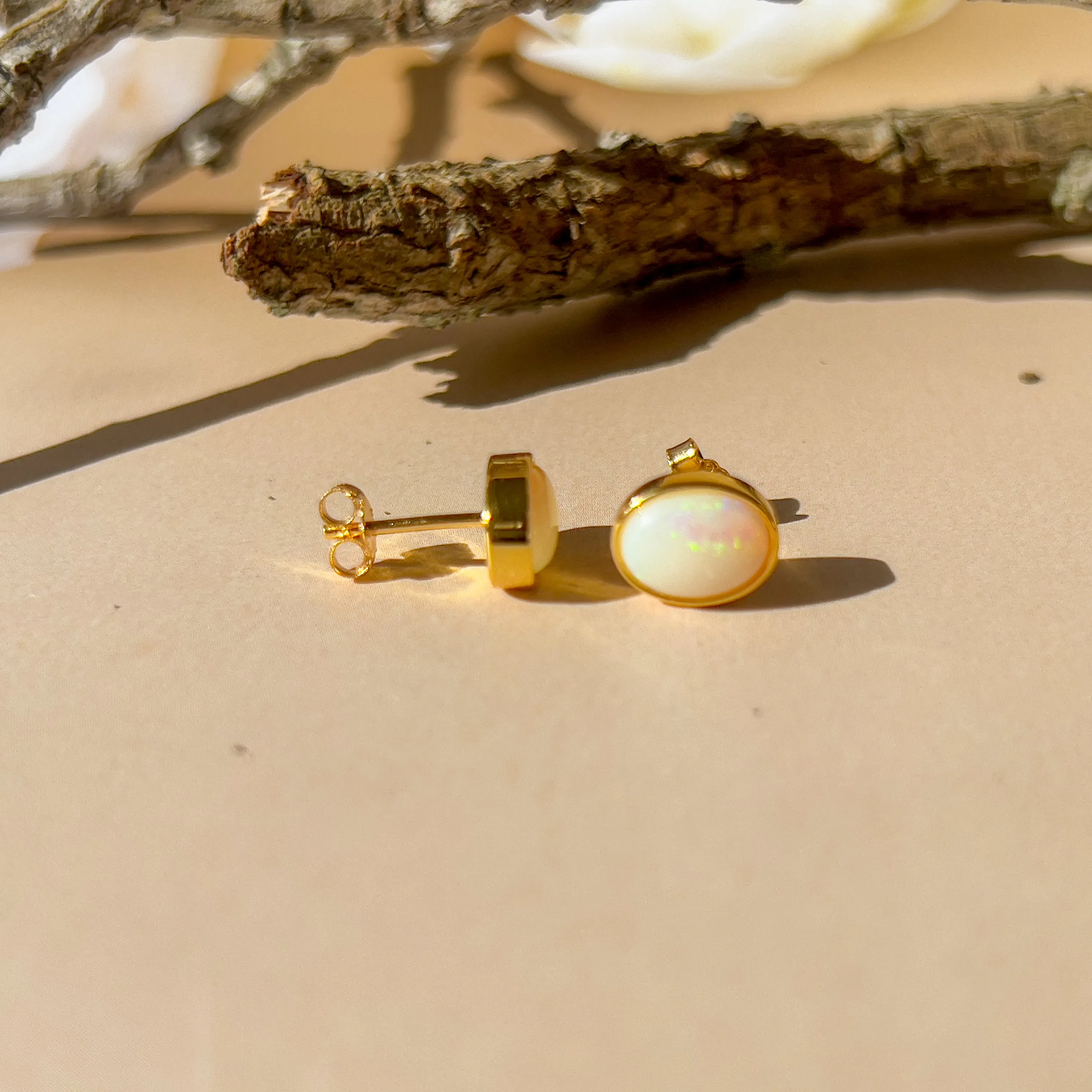 Handmade Opal Stud Earrings - Gold/Silver | Dainty & Minimalist | Cute Gift for Her | Crystal & Fire Opal Jewelry 8x6mm