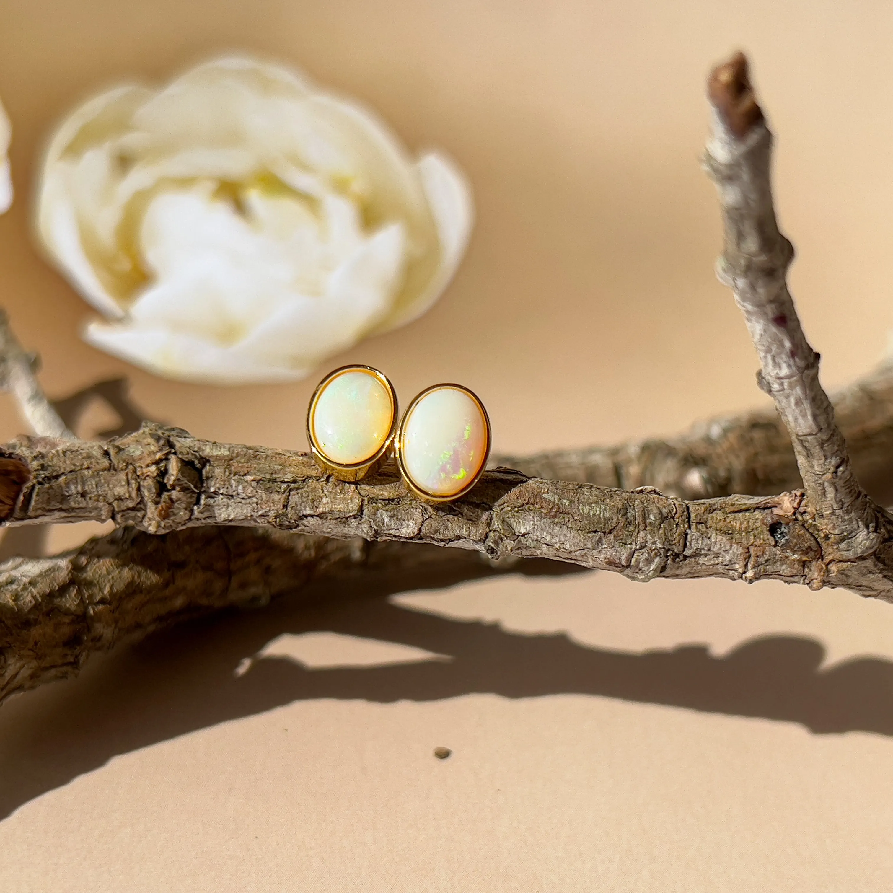 Handmade Opal Stud Earrings - Gold/Silver | Dainty & Minimalist | Cute Gift for Her | Crystal & Fire Opal Jewelry 8x6mm