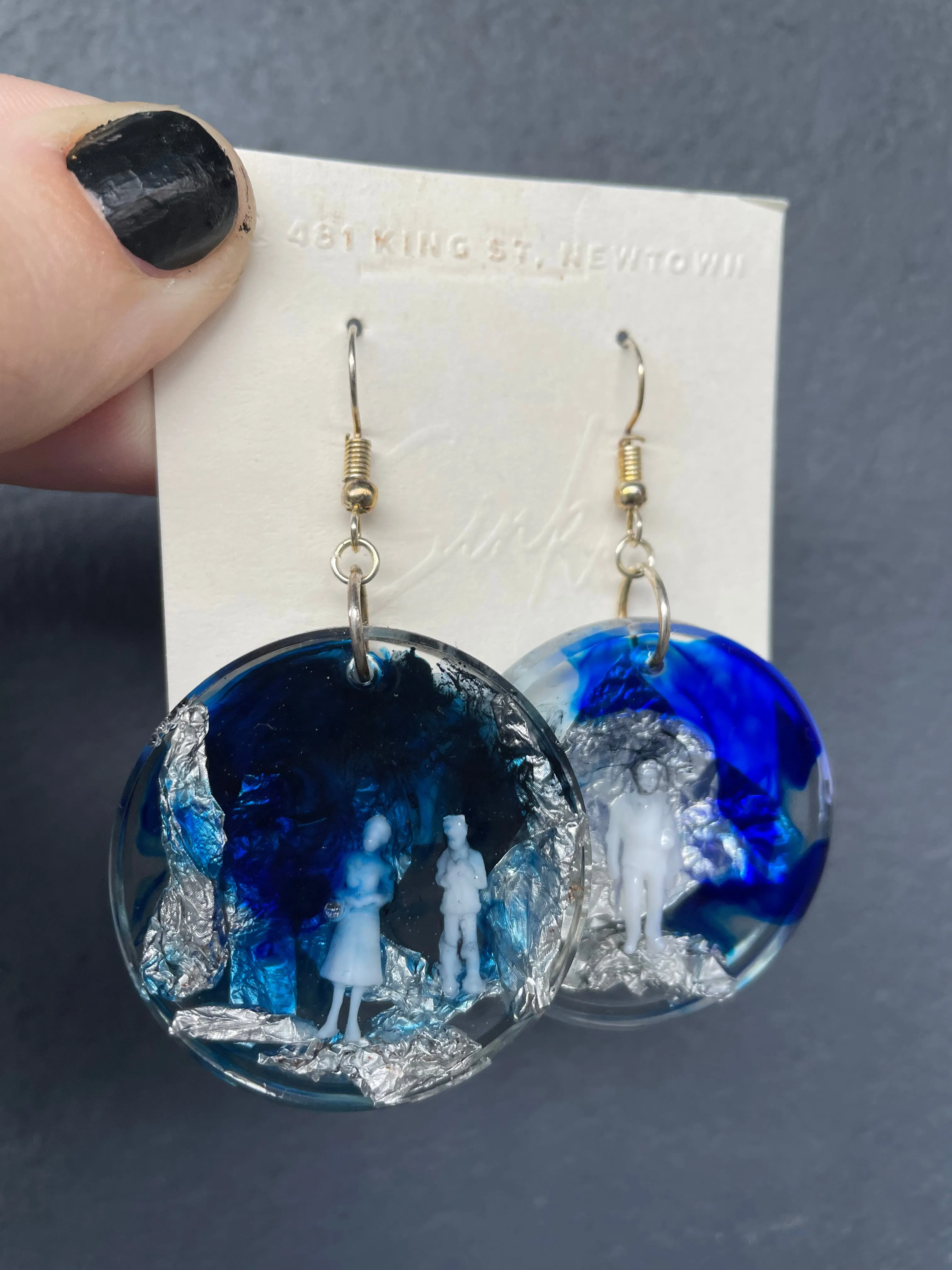 Handmade Resin Blue Marble People Earrings