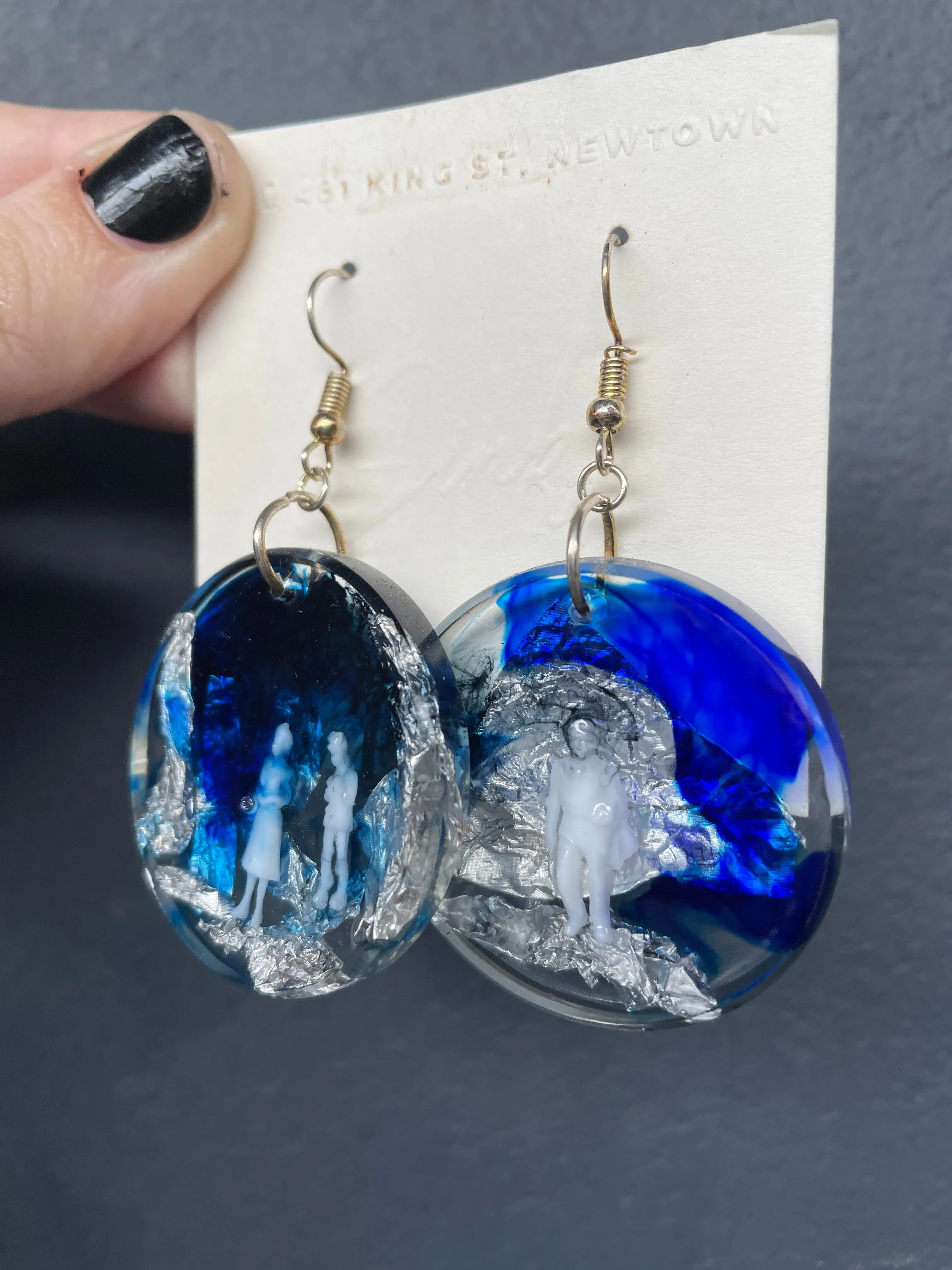 Handmade Resin Blue Marble People Earrings