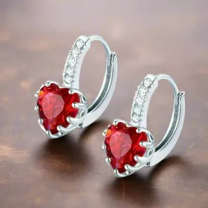 Heart Shaped Cabernet Red Diamond CZ Solitaire Hoop Earrings For Woman