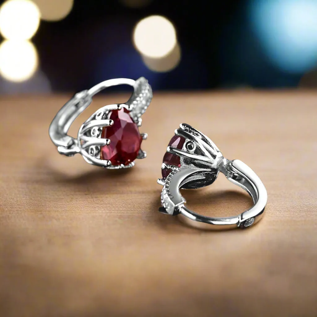 Heart Shaped Cabernet Red Diamond CZ Solitaire Hoop Earrings For Woman