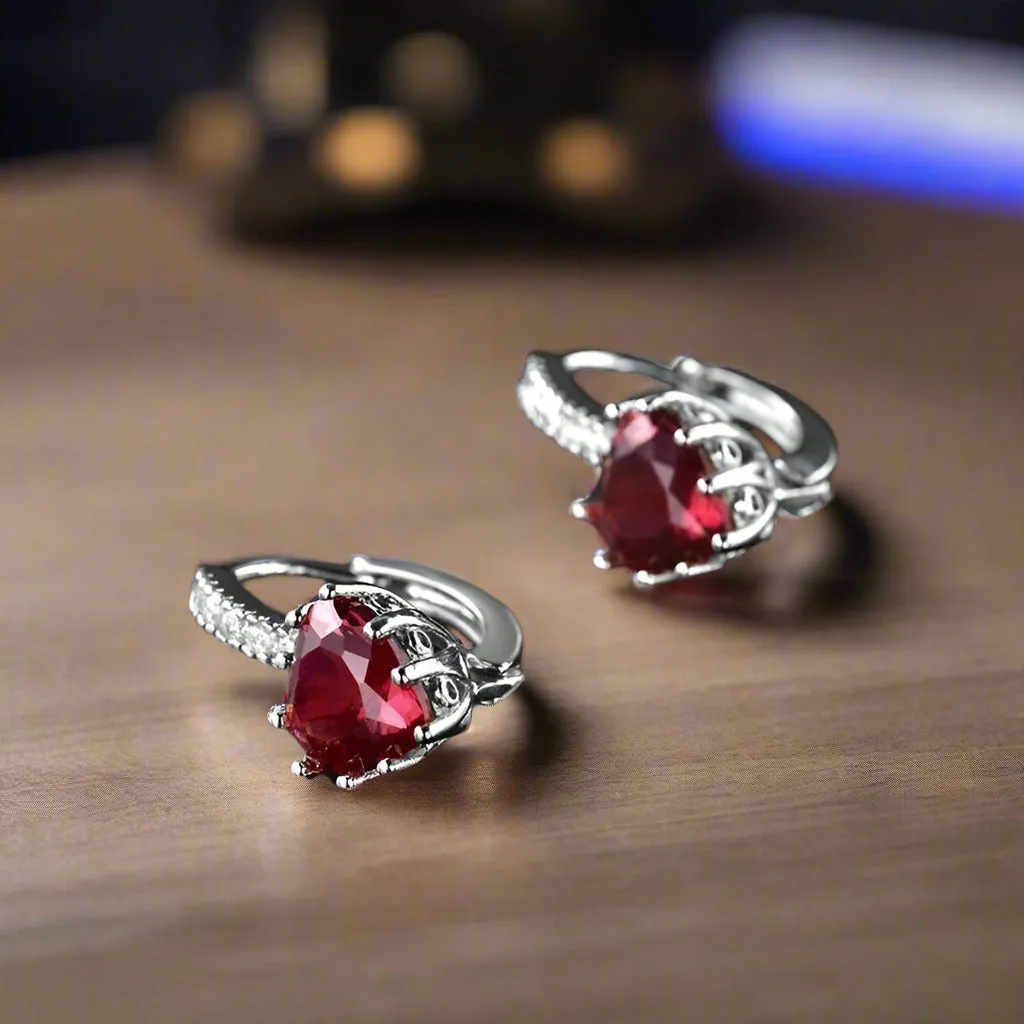 Heart Shaped Cabernet Red Diamond CZ Solitaire Hoop Earrings For Woman