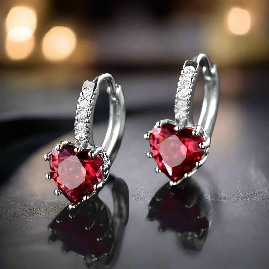 Heart Shaped Cabernet Red Diamond CZ Solitaire Hoop Earrings For Woman
