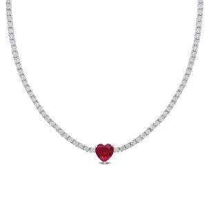 Heart-Shaped Created Ruby and Created White Sapphire Sterling Silver Tennis Necklace