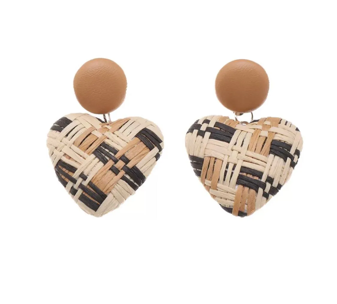 Heart Shaped Woven Rattan Earrings Retro Style Ear Drop Stud Earrings Beige Brown