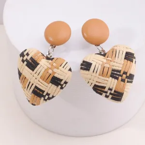Heart Shaped Woven Rattan Earrings Retro Style Ear Drop Stud Earrings Beige Brown