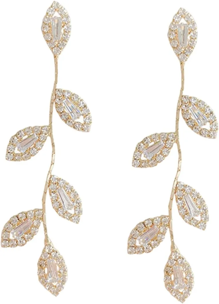 Hemoton Rhinestone Leaf Earrings Women's Tassel Earrings Long Drop Dangle Sparkly Dangle