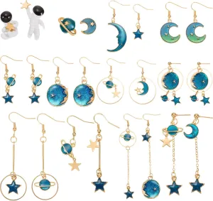 Hicarer 12 Pairs Space Earrings Astronaut Stud Earrings Planet Dangle Moon Star Asymmetrical Drop Jewelry for Women