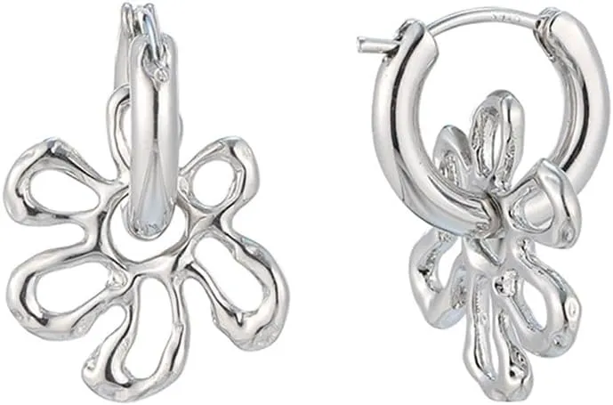 Hollow Floral Hoop Drop Earrings 925 Sterling Silver Post Minimalist Flower Huggie Hoops Earrings Dainty Drop Earrings for Women Hypoallergenic Jewelry