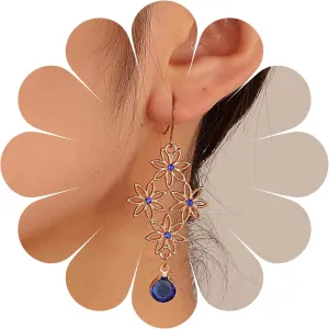 Hollow Flower Earrings Gold Lace Filigree Earrings Sapphire Bead Dangle Earrings Ethnic Long Flower Cz Chandelier Earrings Jewelry for Women