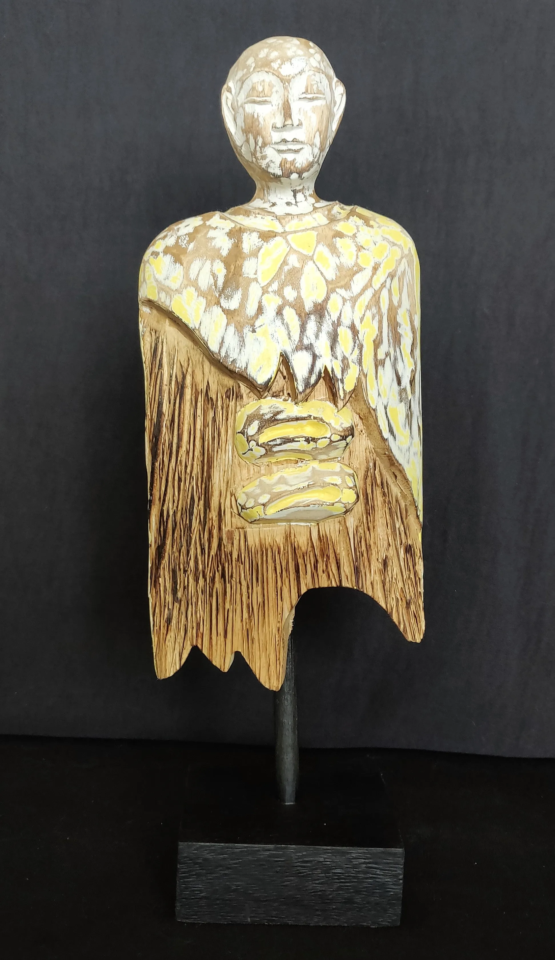 Home Decor.
Contemporary Serene Buddhist Monk Wooden Statue mounted on a rustic wooden base.