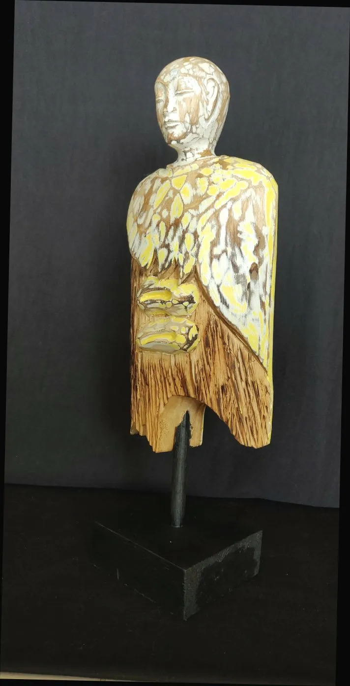 Home Decor.
Contemporary Serene Buddhist Monk Wooden Statue mounted on a rustic wooden base.