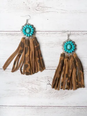 HOWDY BABE TURQUOISE FLORAL CONCHO VINTAGE LEOPARD TASSEL EARRINGS