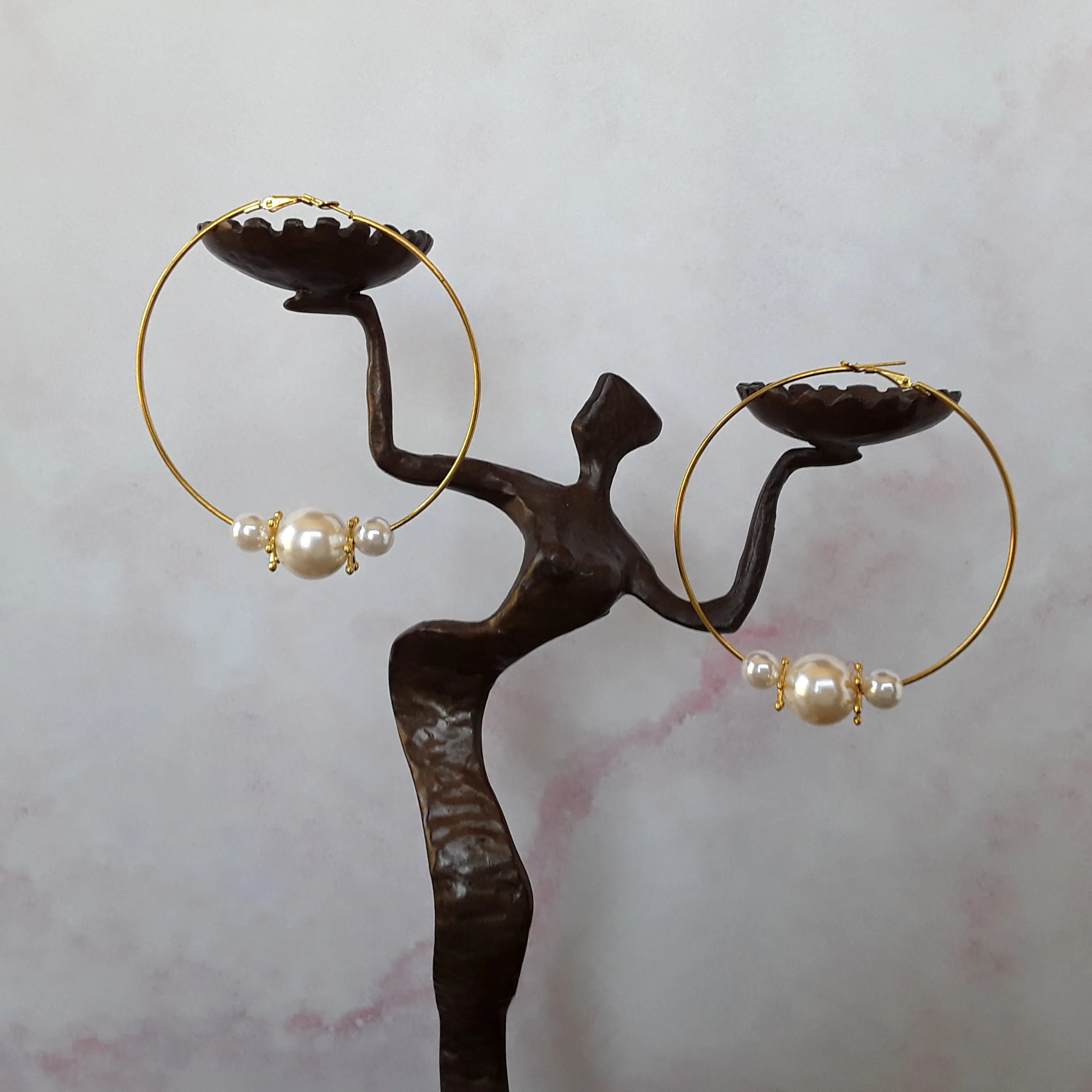 Huge Pearl Hoop 18K Gold Plated Statement Earrings, 2 Styles - Bridesmaid Gift