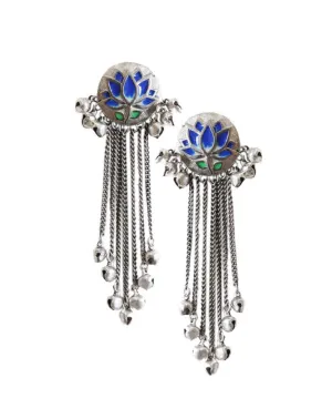 Hyperbole Accessories- Blue Lotus Silver Tassels Earrings