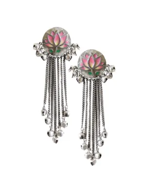 Hyperbole Accessories- Pink Lotus Silver Tassels Earrings