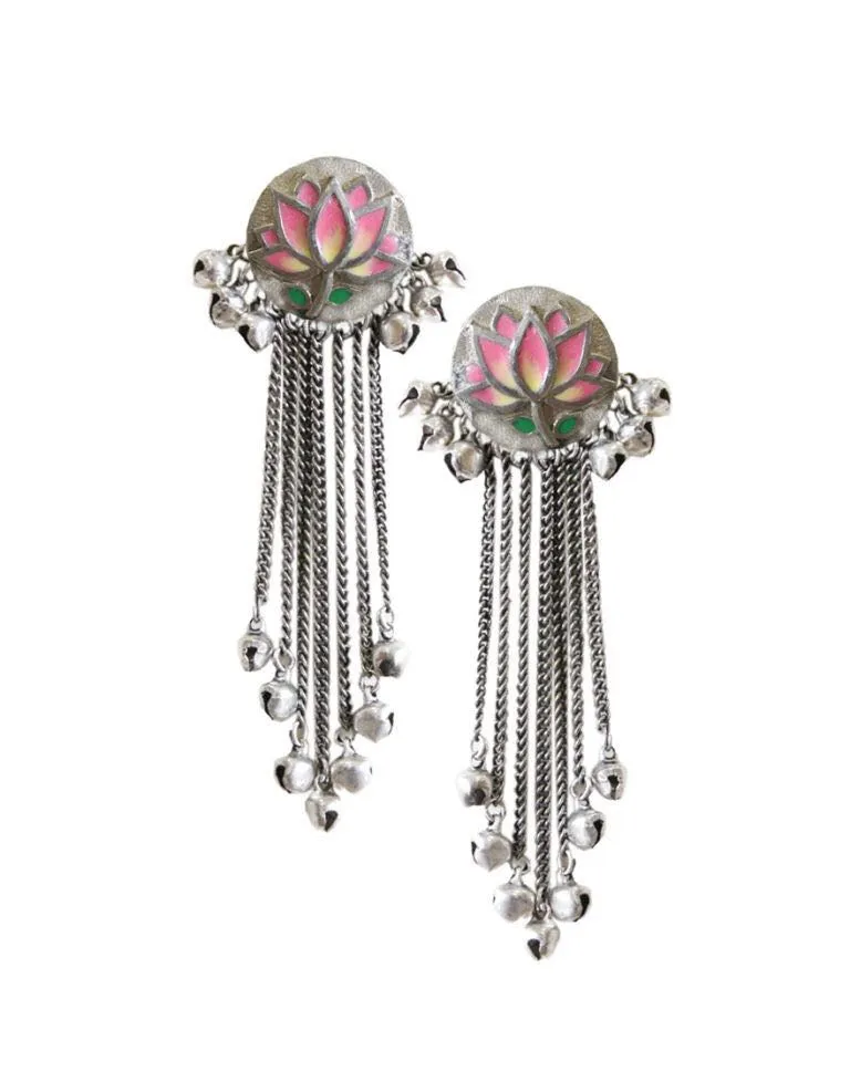 Hyperbole Accessories- Pink Lotus Silver Tassels Earrings