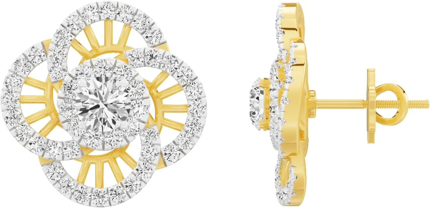 IGI Certified 1.11 Carat Lab Grown Round Solitaire Halo Diamonds | 14k Gold Petalicious Charm Stud Women Earrings in White, Yellow, Rose Variants (F-G, VVS-VS) | Joyas Petalos Flores