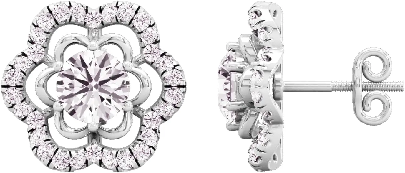 IGI Certified 1.4 Carat Lab Grown Round Cut Solitaire Halo Prong Diamonds 14k Gold Blossoming Floral Charm Screw Back Stud Earrings Pair for Women (F-G, VVS-VS) | Diamantes En Flor