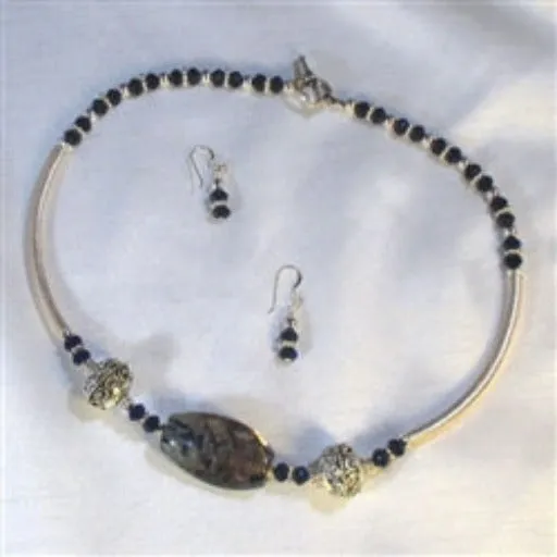 Indigo and Magenta Artisan Bead & Silver Noodle Necklace & Earrings