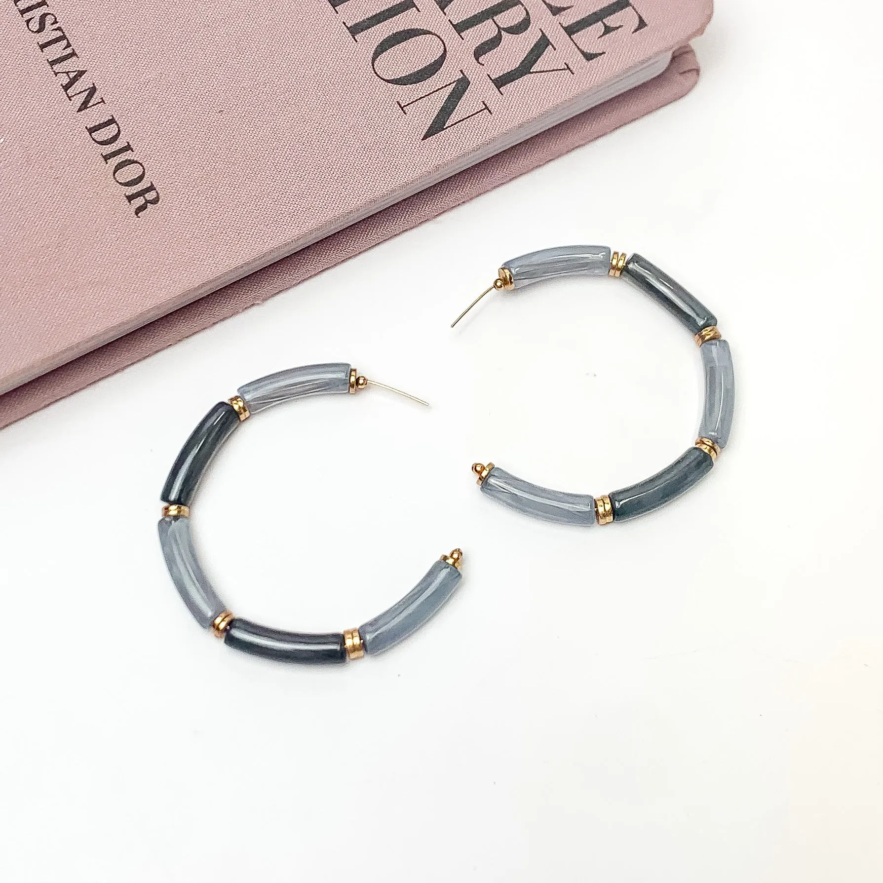 Island Style Tube Beaded Hoop Earrings in Gray