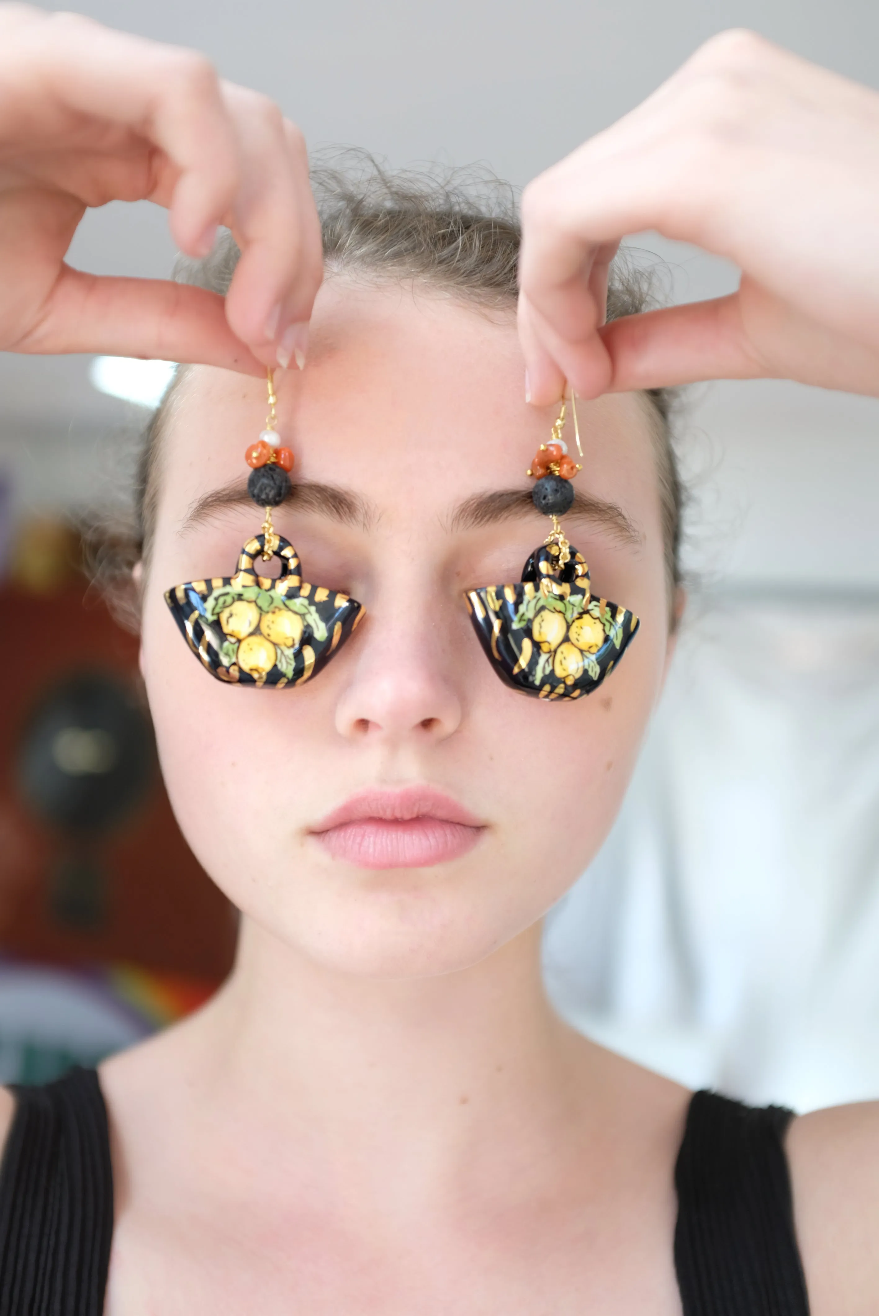 Italian Hand Painted Ceramic Earrings Baskets