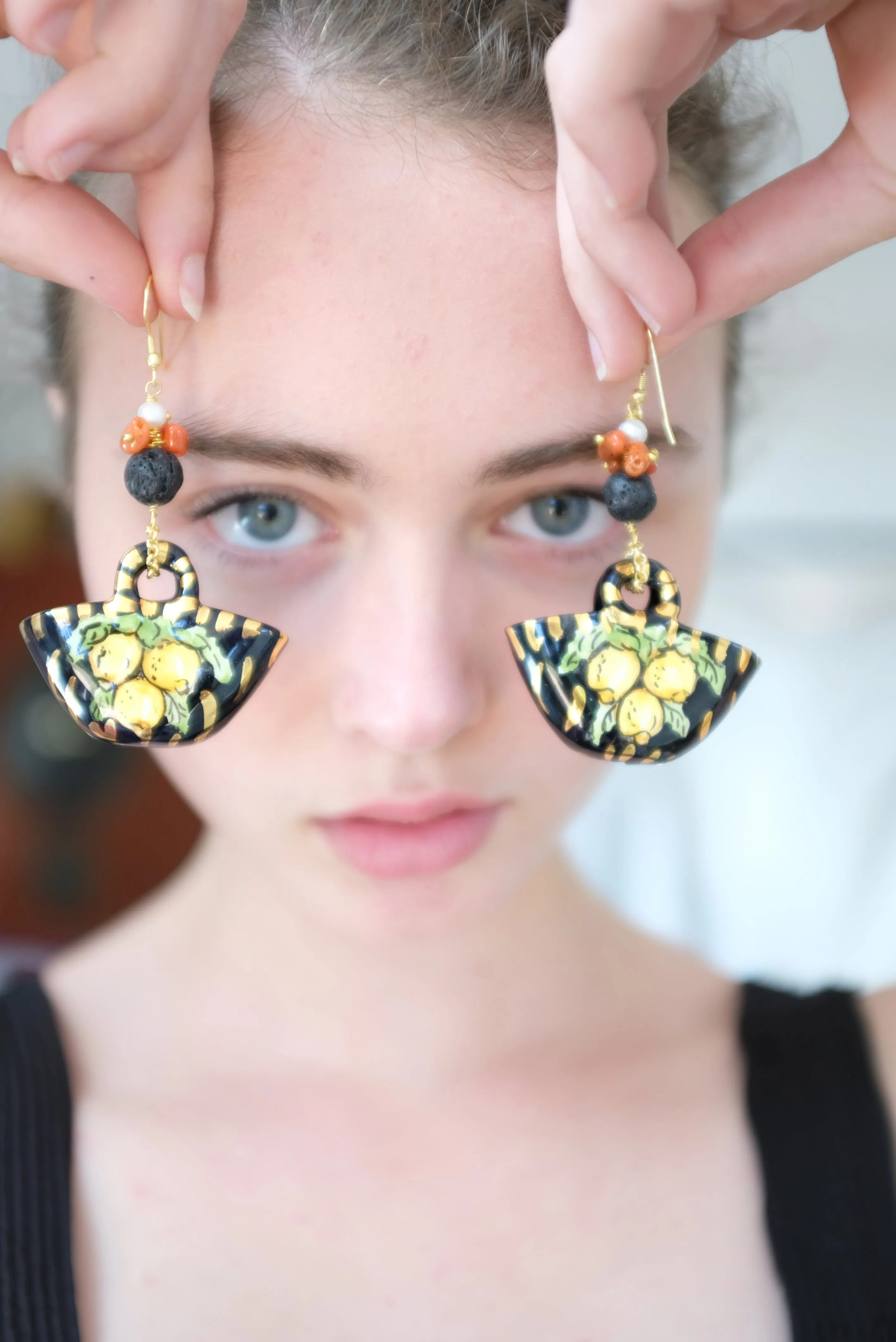 Italian Hand Painted Ceramic Earrings Baskets