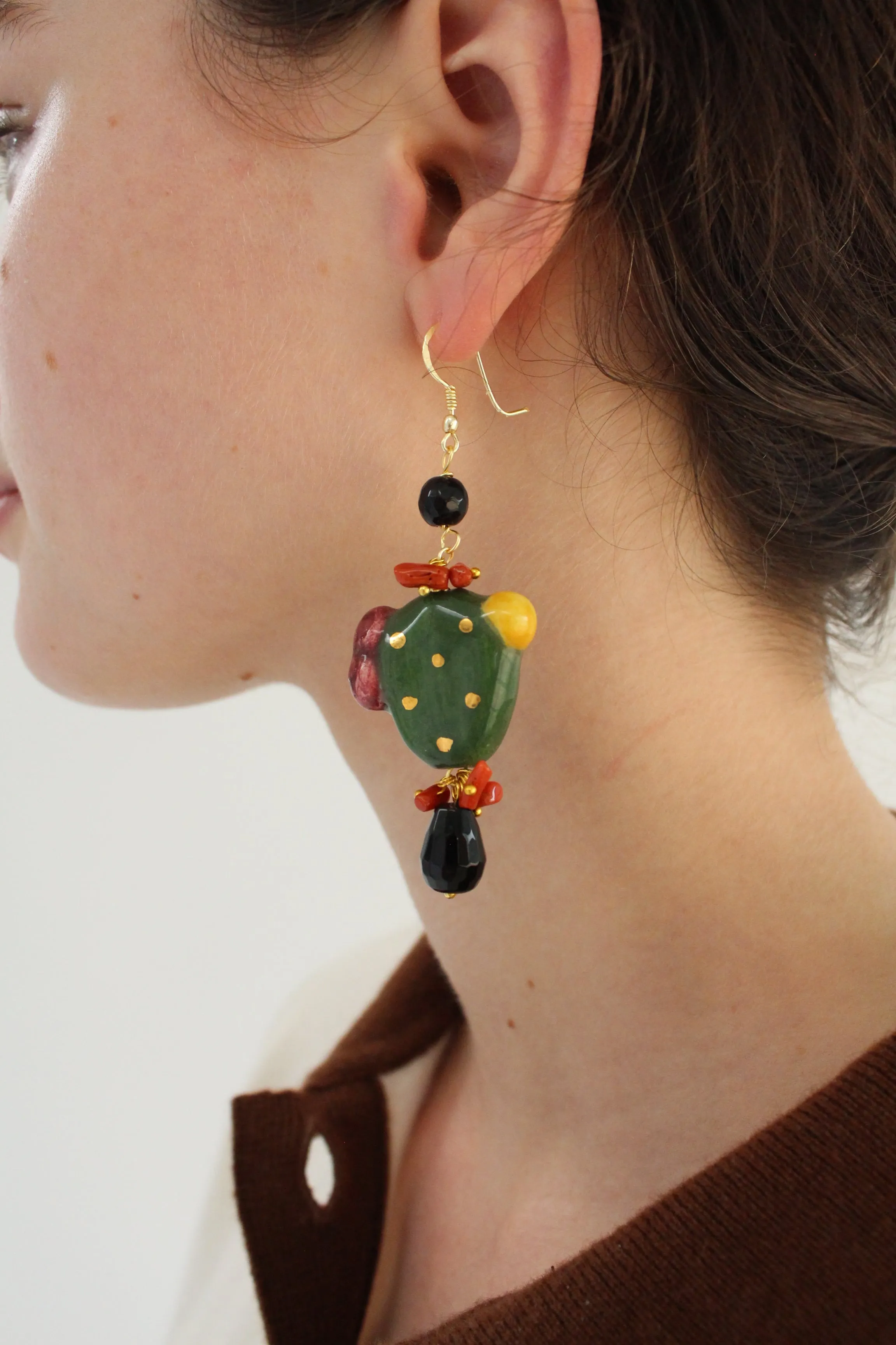 Italian Hand Painted Ceramic Earrings Cactus