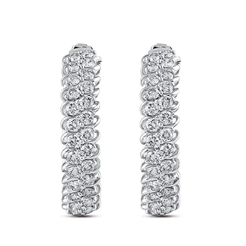 Jewelili 10K White Gold with 1 1/2 CTTW Natural White Diamond Hoop Earrings