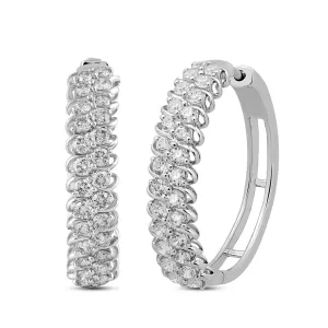 Jewelili 10K White Gold with 1 1/2 CTTW Natural White Diamond Hoop Earrings